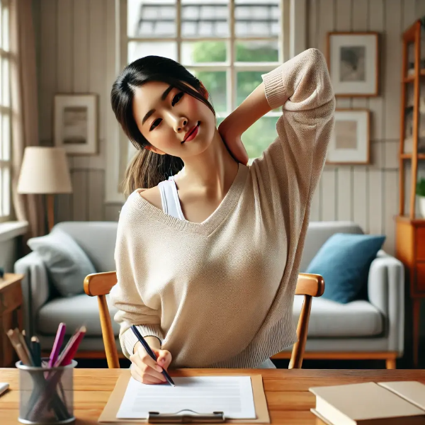 거북목 교정을 위해 집에서 목 스트레칭을 하는 동양인 여성