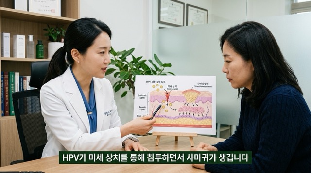평편사마귀 HPV 3형 10형 피부 감염 납작한 구진 발생 원리 상세"