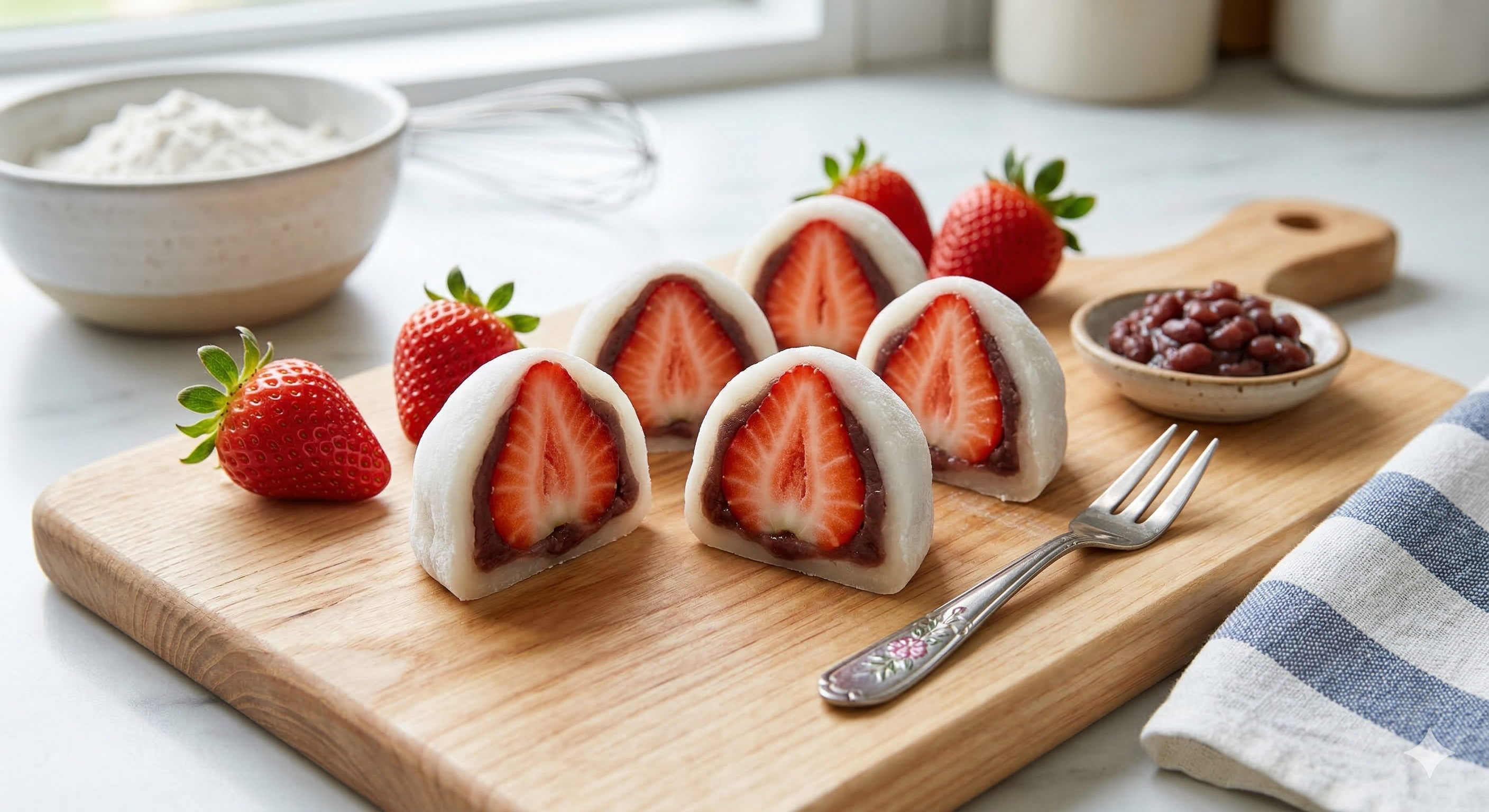 반으로 갈라진 싱싱한 딸기 모찌의 단면. 선명한 붉은색 딸기와 얇게 발린 팥앙금, 뽀얗고 찰진 찹쌀떡의 질감이 조화롭게 어우러진 전문적인 음식 사진. 밝은 주방 조명 아래 정갈하게 놓인 8k 초고해상도 이미지