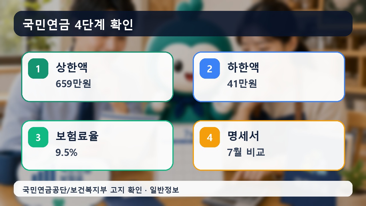 국민연금 본문 이미지: 월급명세서와 계산기로 보험료 변화를 확인하는 장면
