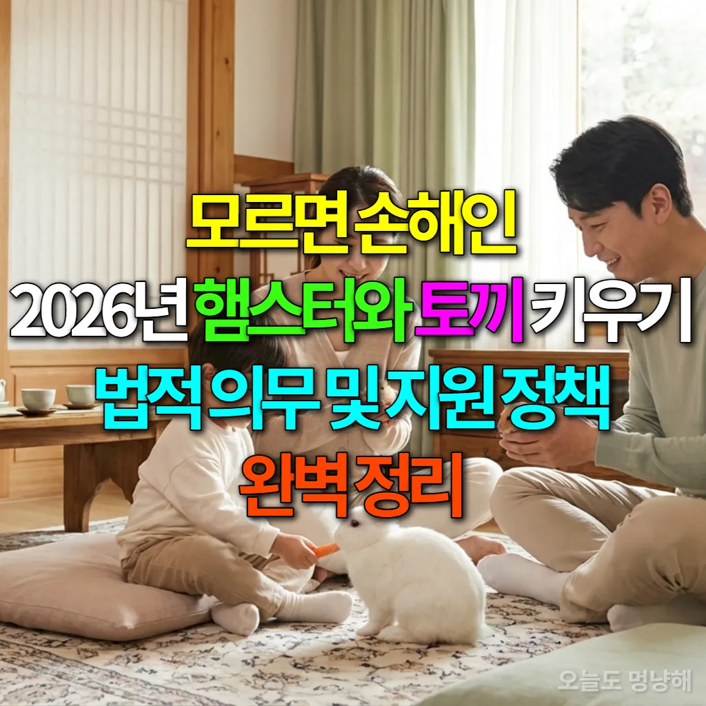한국 가정에서 햄스터와 토끼를 돌보는 행복한 가족의 모습
