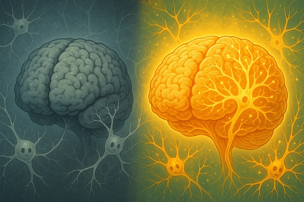 단주하면 뇌가 어떻게 회복될까? 알코올 의존 회복 전후의 뇌 건강 변화를 상징하는 이미지