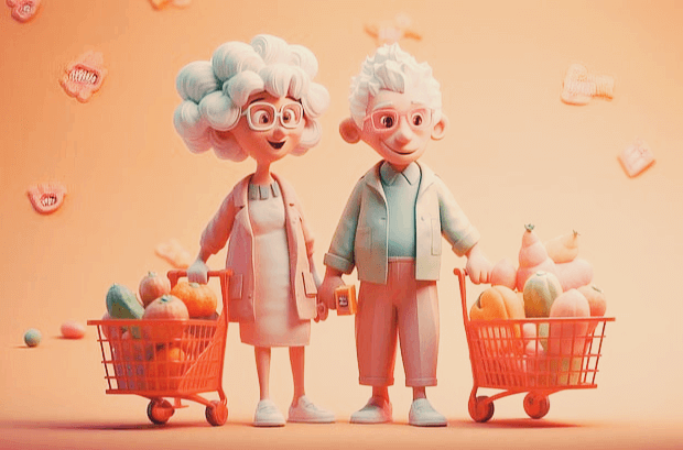 백발의 노부부가 마트에서 카트에 식품을 가득 담고 장을 보고 있다.