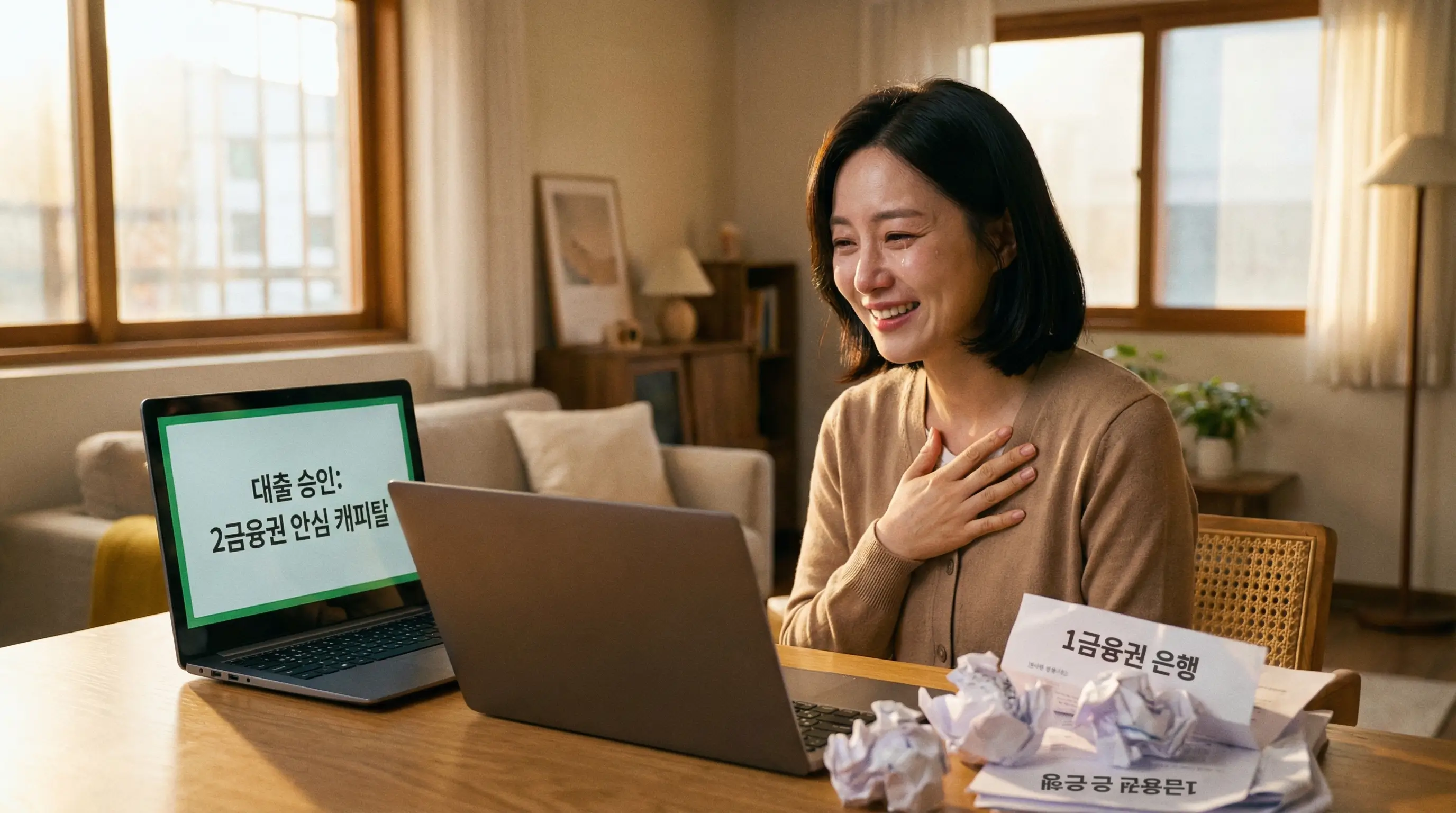 1금융권 대출 거절 후 안전한 2금융권 캐피탈 대출을 알아보며 안도하는 금융 소비자의 모습