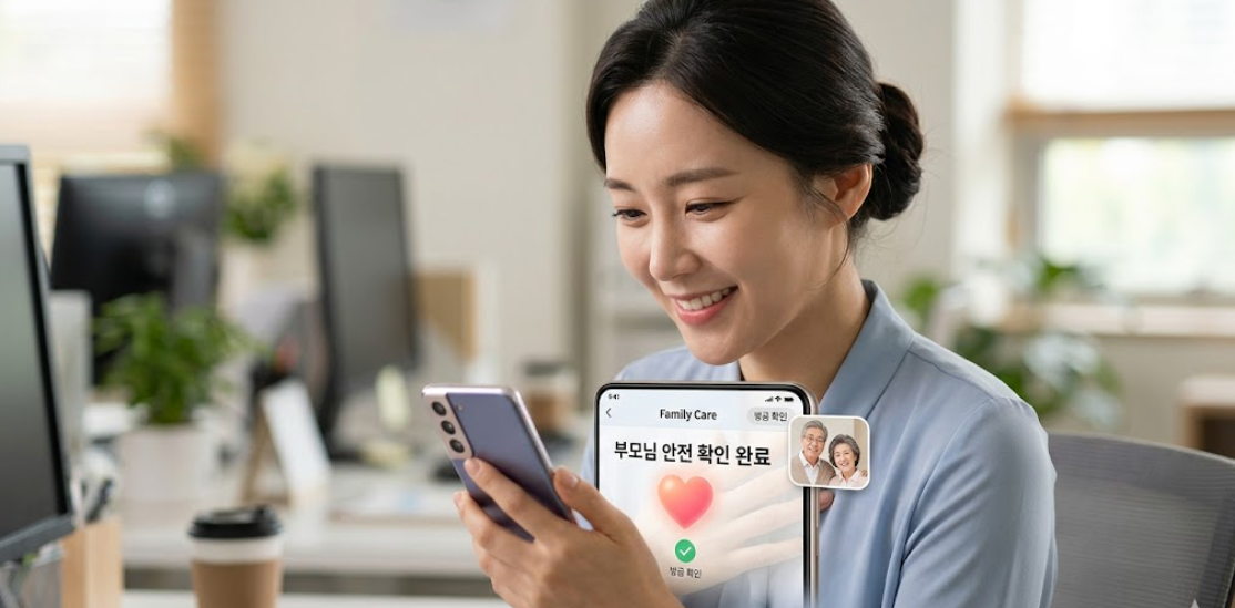 스마트폰 앱을 통해 부모님의 활동 기록을 확인하며 안심하는 자녀의 모습