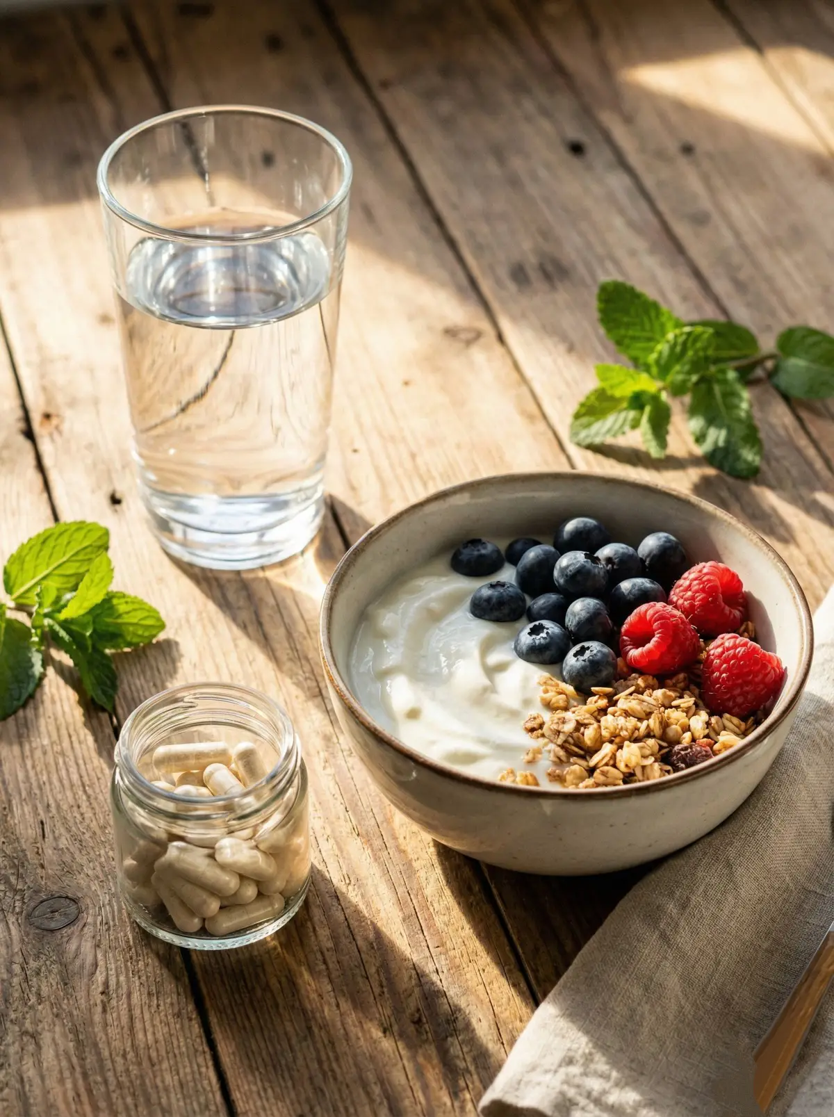 신선한 요거트, 식이섬유가 풍부한 채소, 유산균 제품이 놓인 건강한 식탁