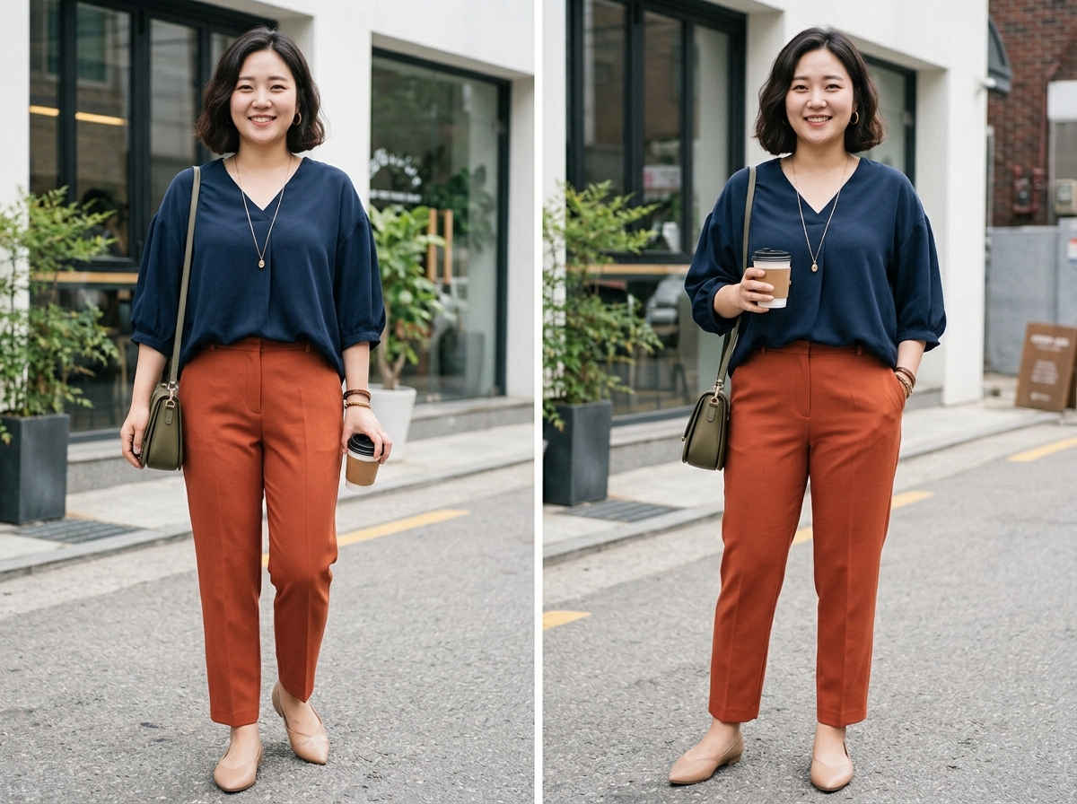 상체비만 체형에 어울리는 V넥 블라우스 + 포인트 하의 코디

내용: V넥으로 목선을 길게, 하의에 포인트 컬러로 시선을 분산. 상체비만 커버의 정석 공식!