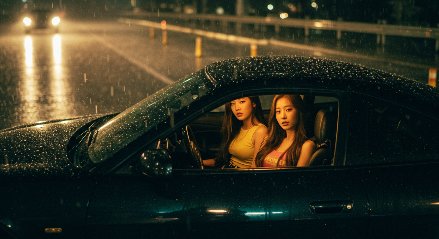 비오는 도로에 운전하는 여자들