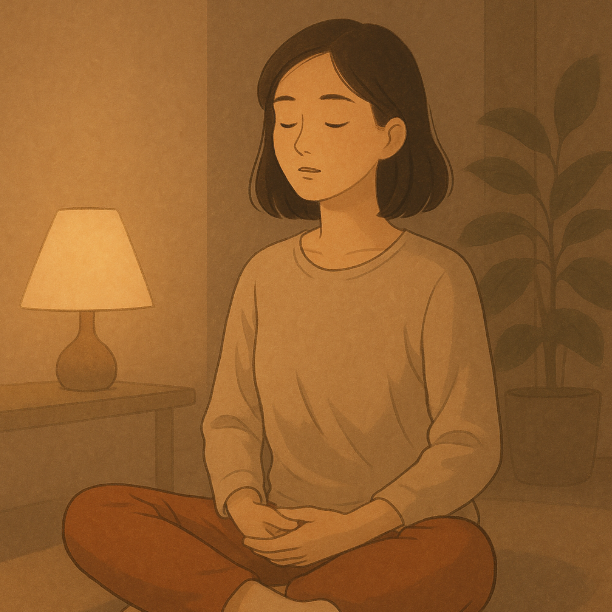 방 안 작은 조명 아래 차분히 호흡하는 사람 모습