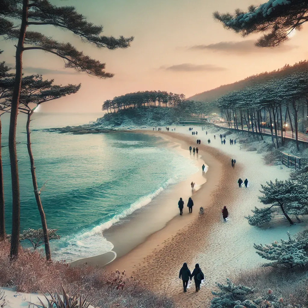 경포대 해변에서 겨울 바다와 낭만을 즐기는 풍경