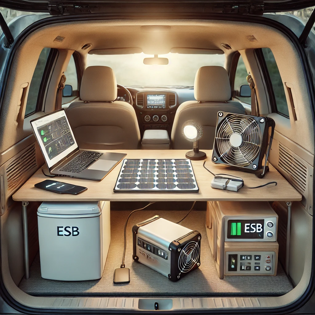 ESS에 최적화된 저전력 장비 조합 – LED 조명, 노트북, 포터블 냉장고, USB 선풍기 등으로 구성된 실용적인 차박 셋업