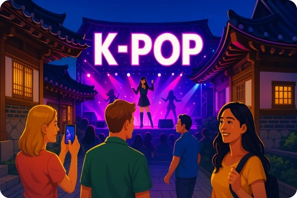 전통 한옥 거리 위로 화려한 K-pop로고가 빛나는 그래픽 이미지