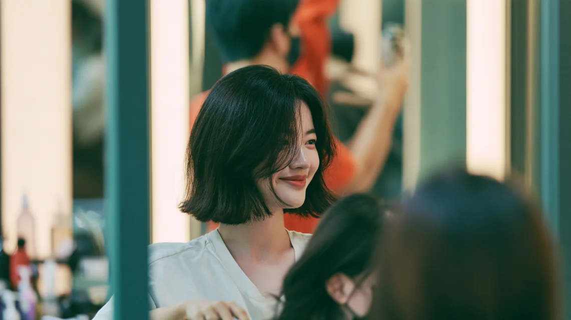 미용실 거울 앞에서 디자이너와 짧게 대화하는 손님