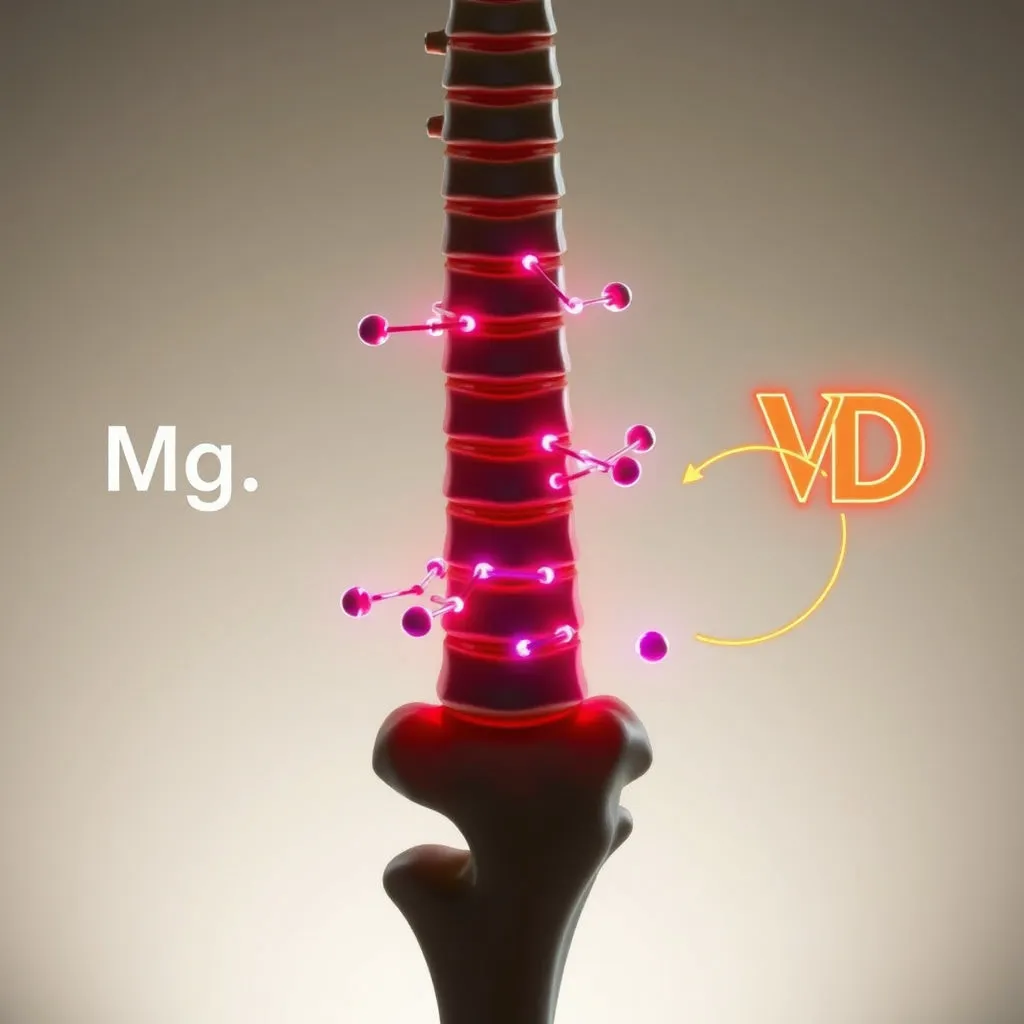 견고하고 건강해 보이는 뼈 모형(예: 척추, 대퇴골)에 마그네슘(Mg) 원자나 분자가 결합하여 뼈를 더욱 단단하게 만드는 모습을 시각화합니다. 주변에는 칼슘, 비타민D와 함께 시너지 효과를 내는 듯한 요소도 배치할 수 있습니다.