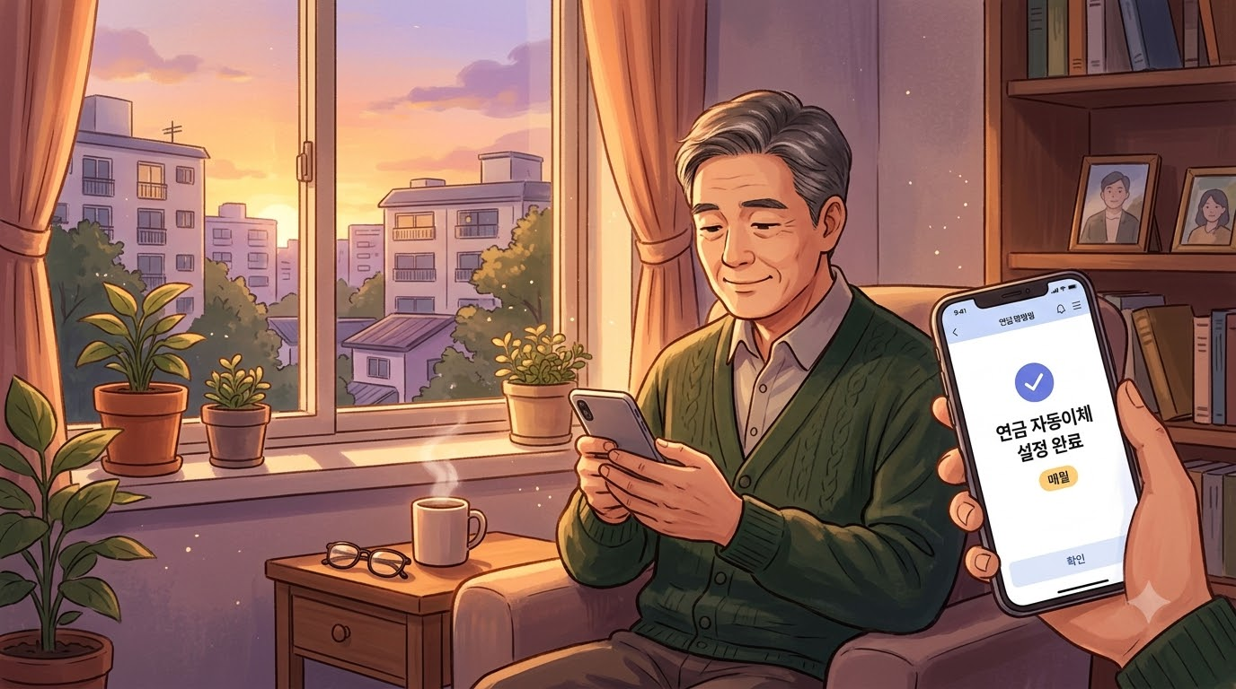 해 질 녘 거실 창가에서 스마트폰 연금 앱의 자동이체 설정 화면을 보며 미소 짓는 50대 남성