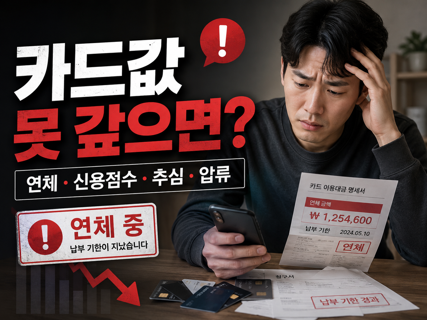 카드값 못 갚으면 발생할 수 있는 연체, 신용점수 하락, 추심, 압류 위험을 설명하는 금융 정보 썸네일 이미지