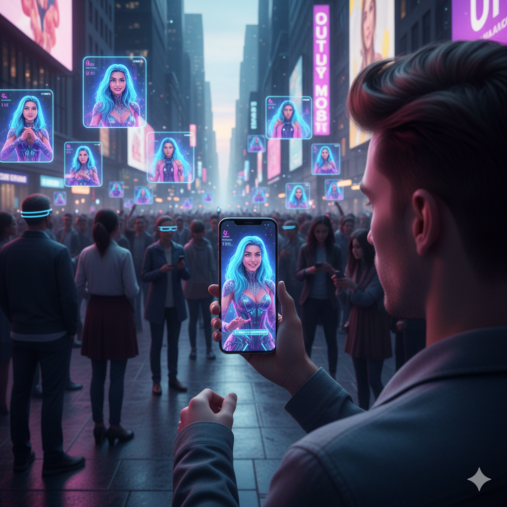 번화한 거리에서 한 남성이 스마트폰 화면 속 웃고 있는 가상 인플루언서를 바라보고 있으며, 거리 곳곳의 전광판과 공중에 떠 있는 홀로그램 창에도 동일한 가상 인플루언서의 모습이 가득 차 있는 현실적인 도심 풍경이에요