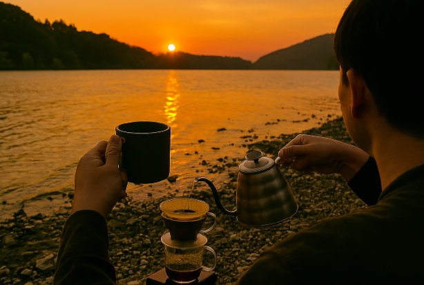 노을속 핸드드립 커피 마시는 모습