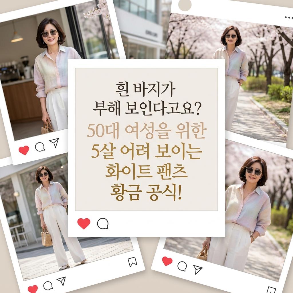 50대 봄 코디, 뱃살 가리고 5살 어려보이는 화이트 팬츠 활용법