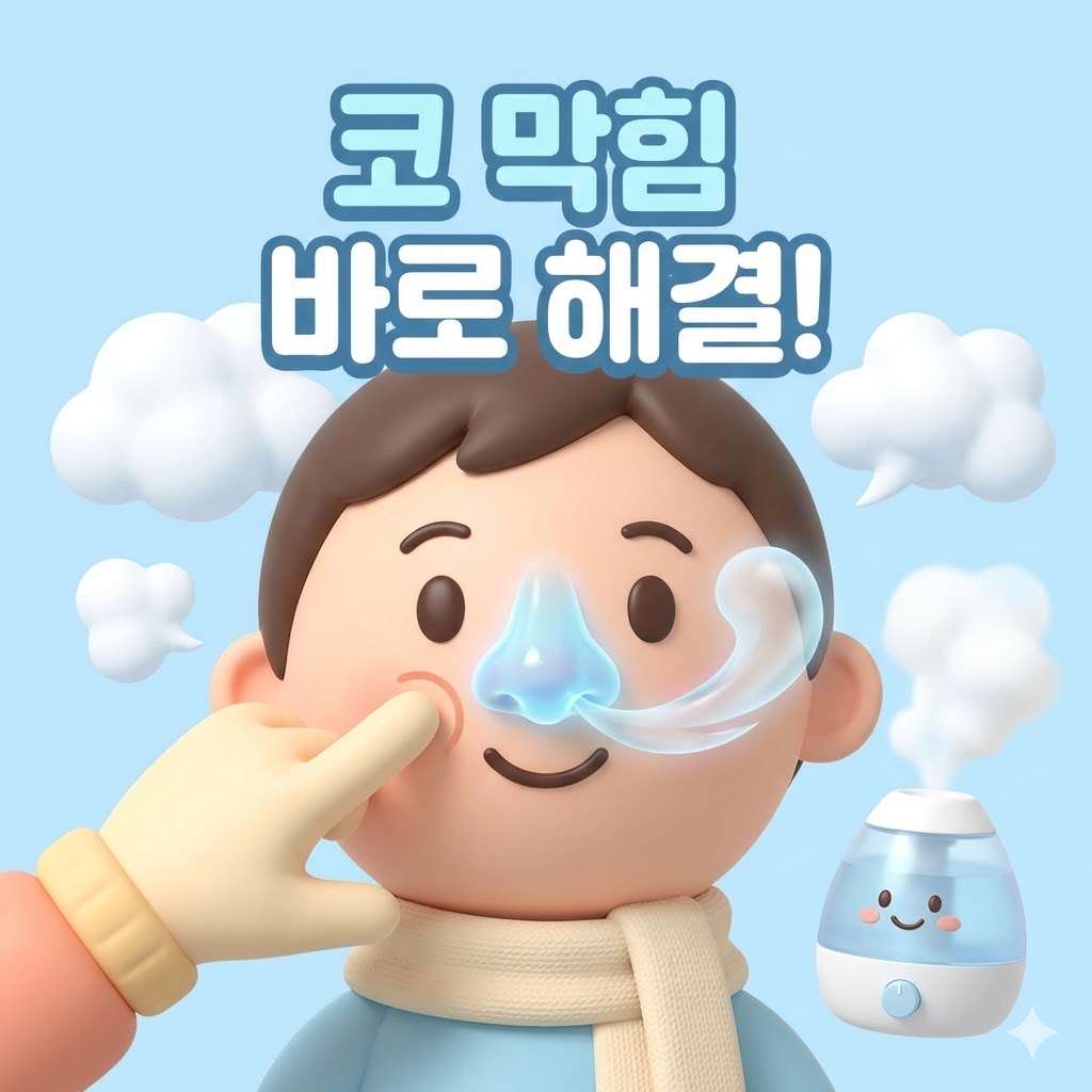 뻥 뚫린 코로 상쾌하게 숨 쉬는 귀여운 캐릭터와 코 막힘 해결 요소들이 그려진 3D 카툰 일러스트.