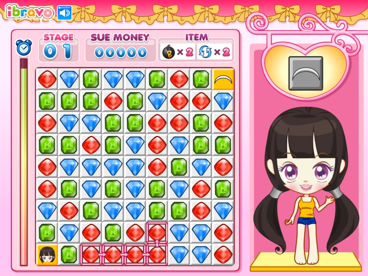 슈의-매직-패션-퍼즐-플래시게임-플레이-빨간색-블럭-다섯개를-연결한-화면