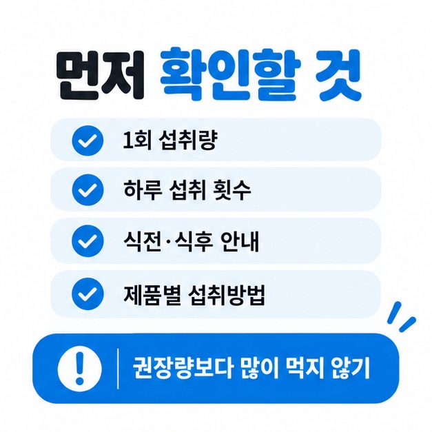 카무트 효소 제품의 1회 섭취량 하루 횟수 섭취 시점을 포장에서 확인하는 방법을 보여주는 카드뉴스