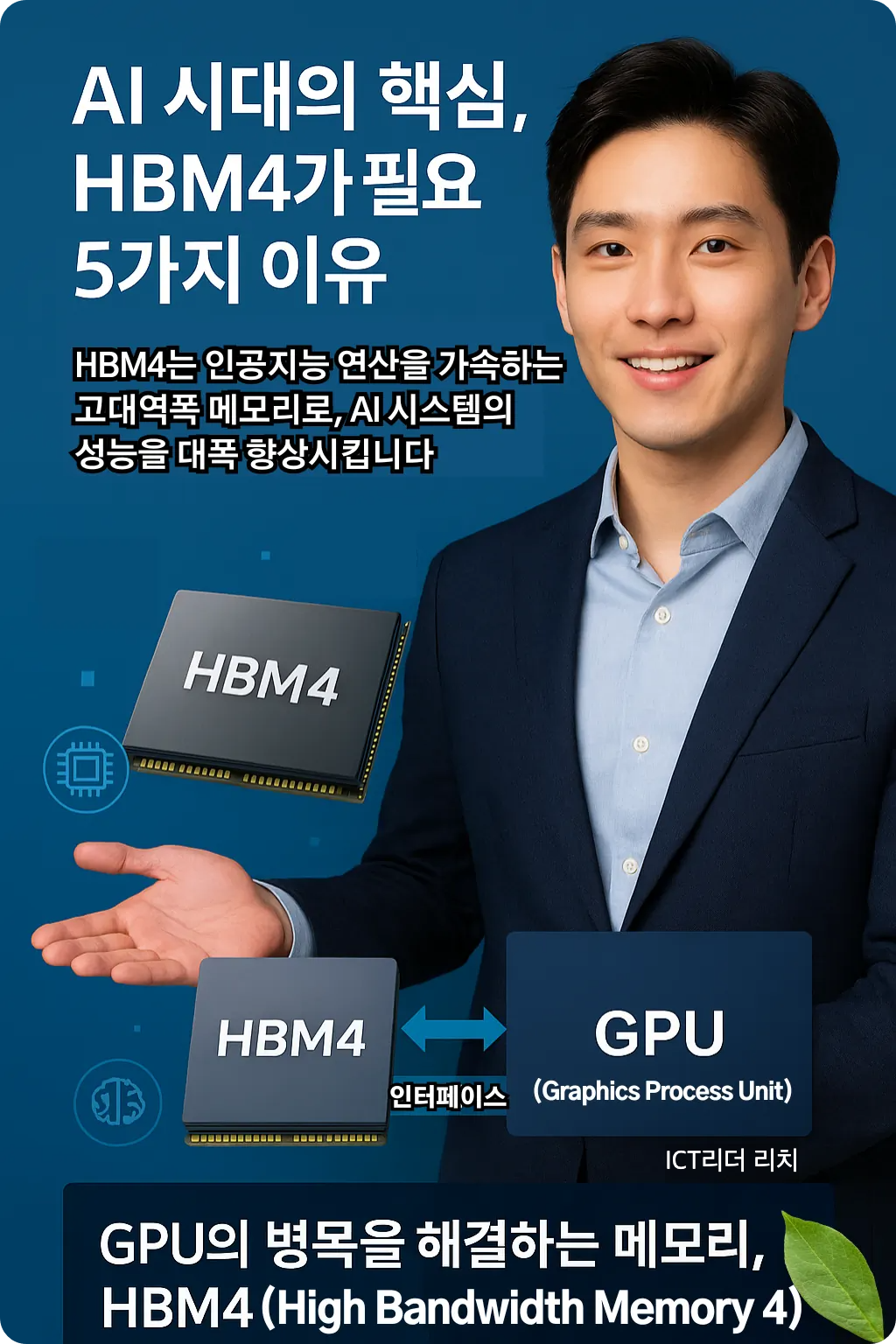 HBM4 메모리 구조도를 설명하는 20대 남성 전문가가 GPU 병목 현상을 해결하는 기술을 시각적으로 안내하는 인포그래픽