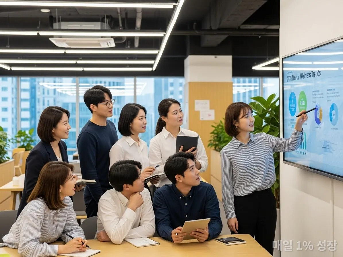 2026년 멘탈 웰니스 트렌드를 논의하는 한국인 직장인들