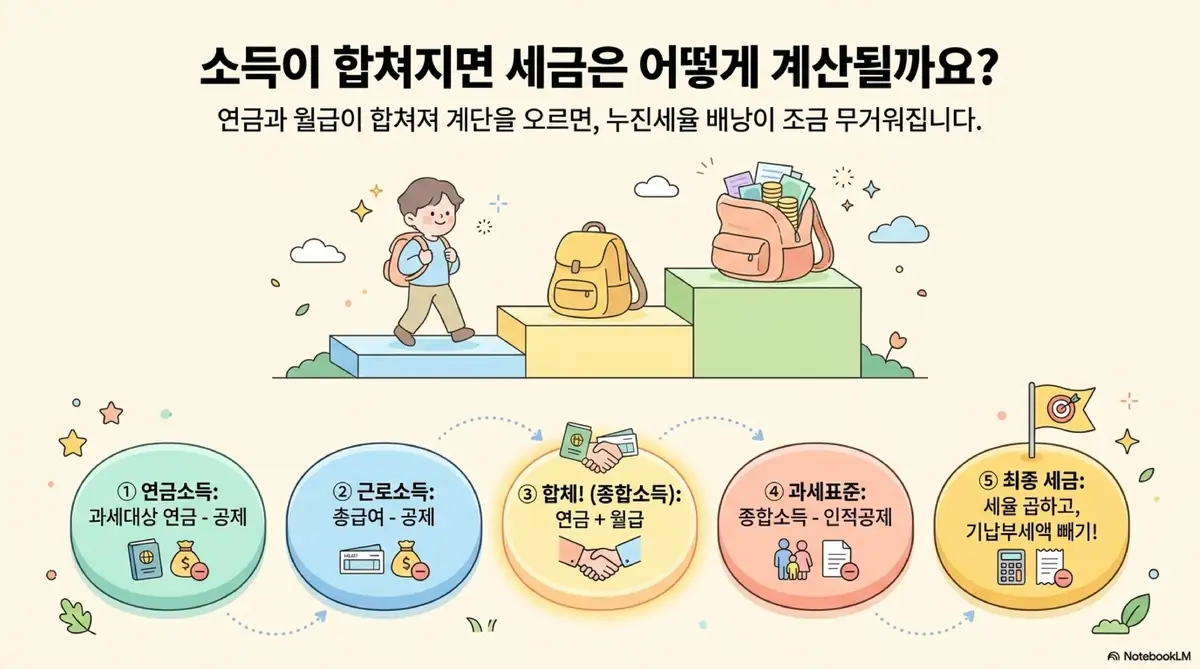 공무원연금 종합소득세: 소득이 합쳐지면 세금은 어떻게 계산될까라는 제목으로 연금소득 산정부터 근로소득 산정 합체 과세표준 공제 최종 세금 결정까지 5단계 흐름을 계단과 배낭 비유로 시각화한 이미지. 연금과 월급이 합쳐져 계단을 오르면 누진세율 배낭이 조금 무거워진다는 내용을 전달함