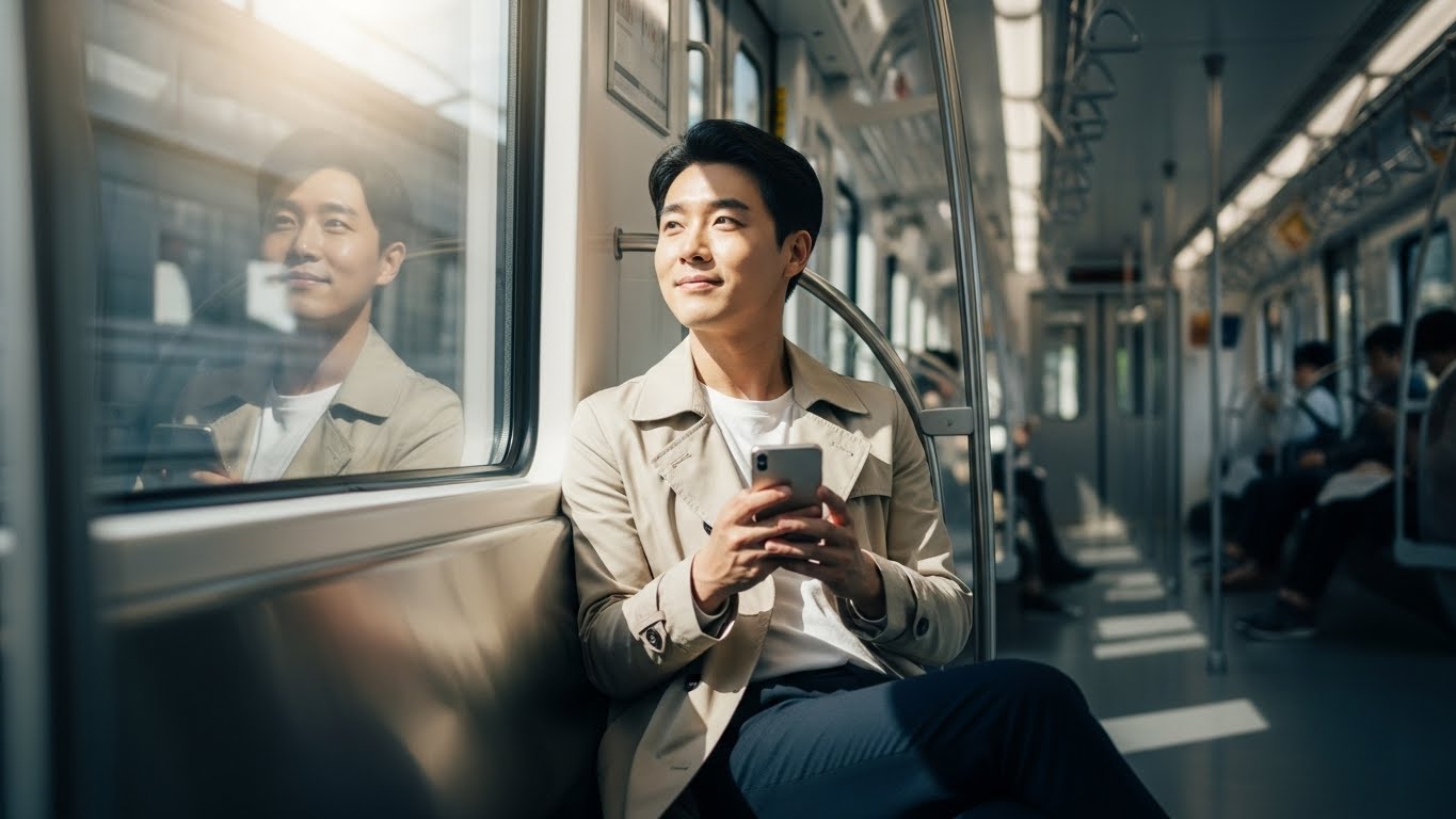 지하철 안에서 교통비 환급 혜택을 확인하며 기분 좋게 목적지로 이동하는 직장인의 모습