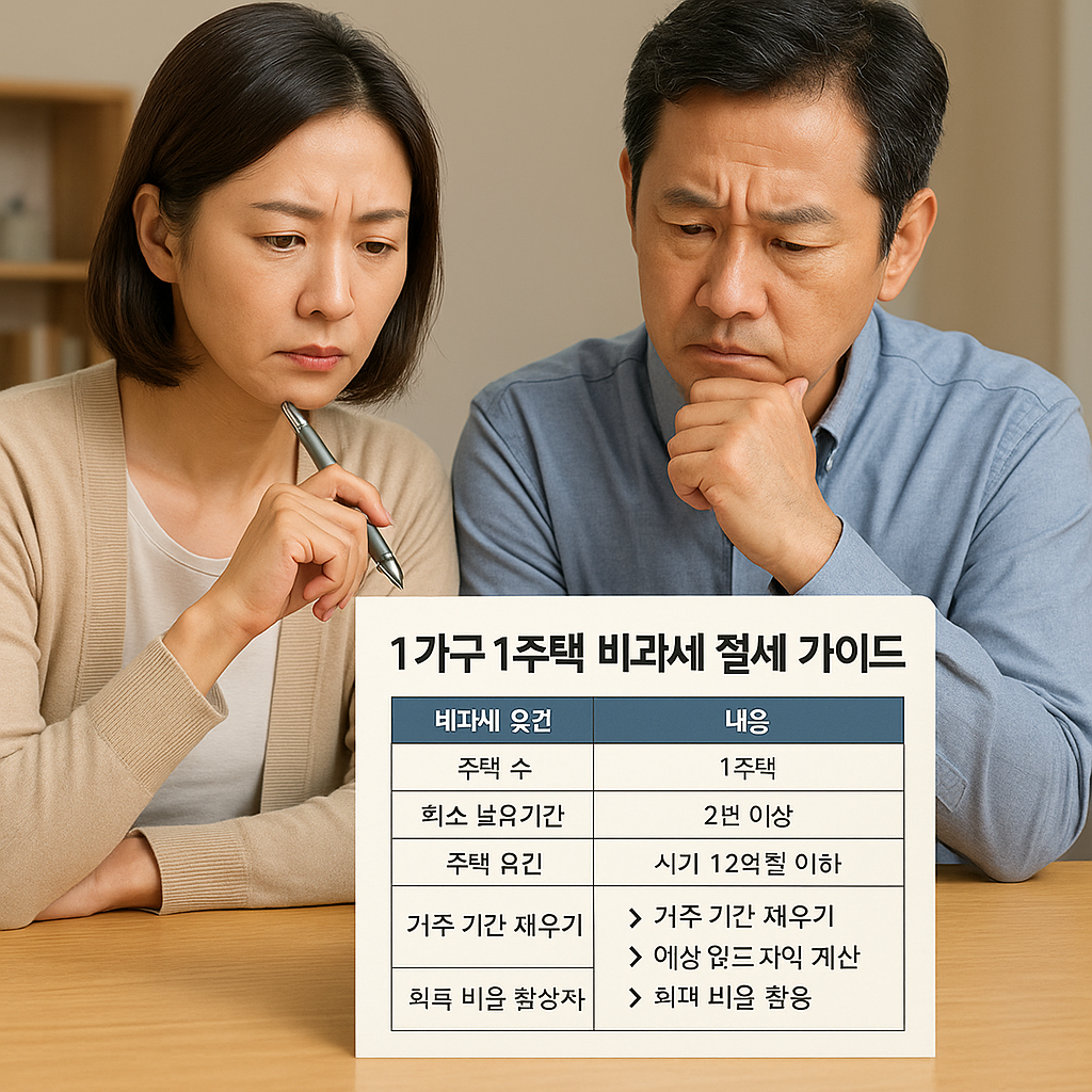 1가구 1주택 비과세 절세 가이드 요약 표와 함께 세금 줄이는 방법을 고민하는 중년 부부 모습