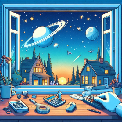 창문 너머 우주와 행성이 보이는 상상 속 풍경