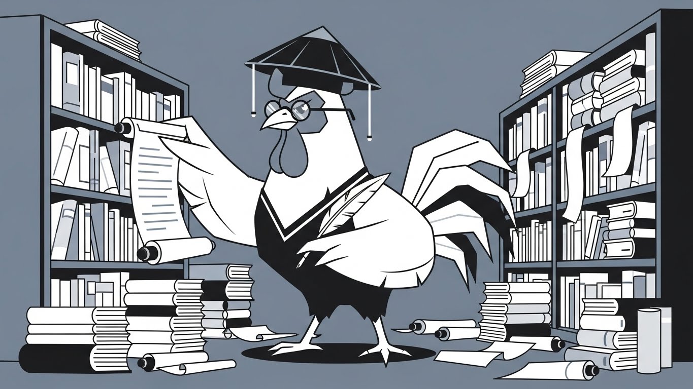 도서관에서 서류를 완벽하게 정리하는 철저한 닭 캐릭터의 2D 플랫 벡터 일러스트