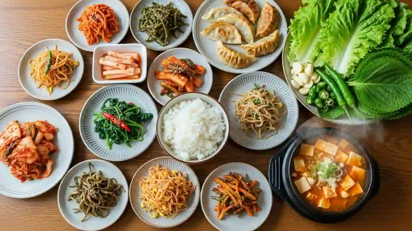 식탁 위에 다양한 반찬과 함께 채소가 올려져 있는 모습