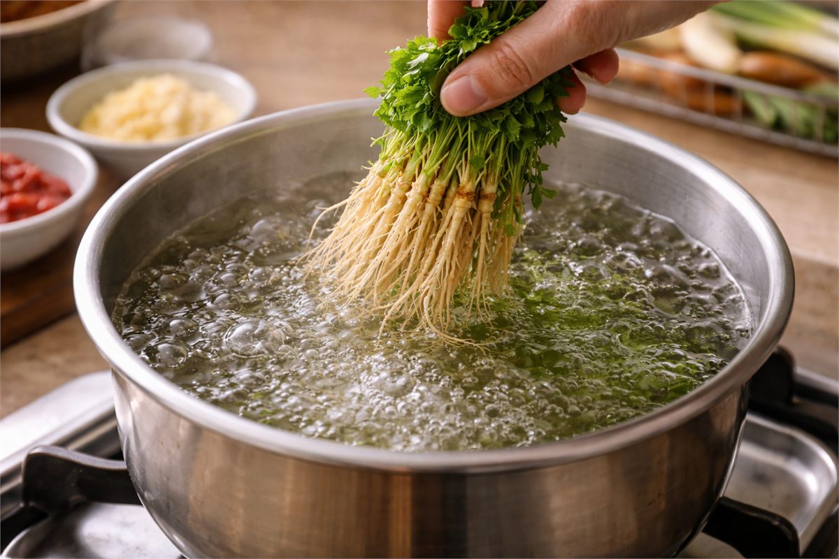 소금 넣은 끓는 물에 냉이를 넣는 데치기 순간 