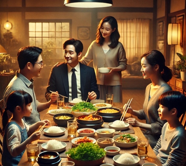 집에서 가족들이 식탁에 둘러앉아 식사하는 장면, 이미지