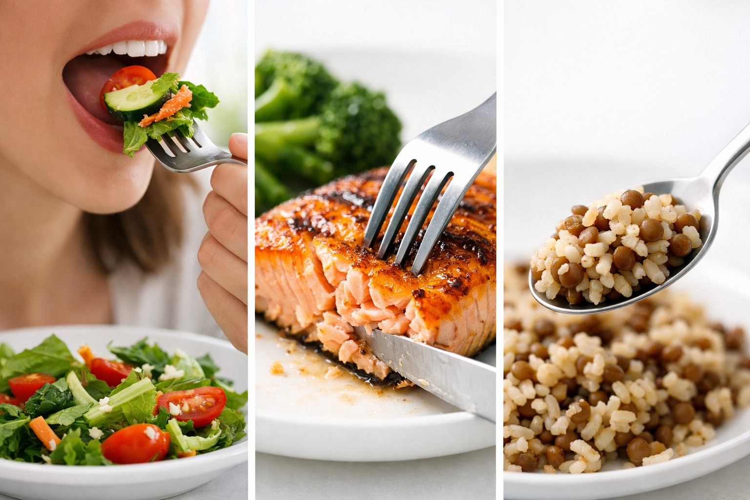 1) 샐러드를 크게 한 입 먹는 손. 2) 그릴 연어 구이를 포크로 자르는 모습. 3) 렌틸콩 현미밥을 숟가락으로 뜨는 모습.