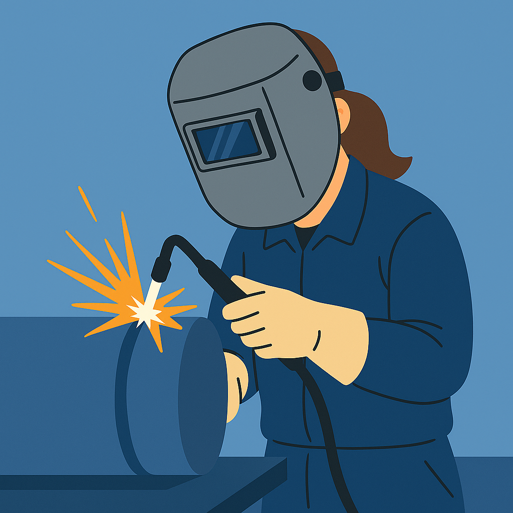 보호 헬멧과 장갑을 착용한 용접기능사가 금속 원통에 용접 작업을 하고 있는 장면의 일러스트