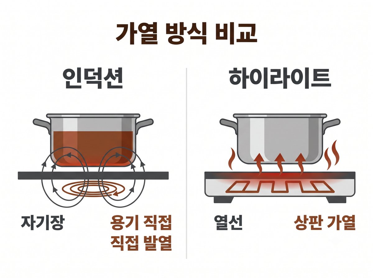 인덕션 자기장 용기 직접 발열 하이라이트 열선 상판 가열 비교