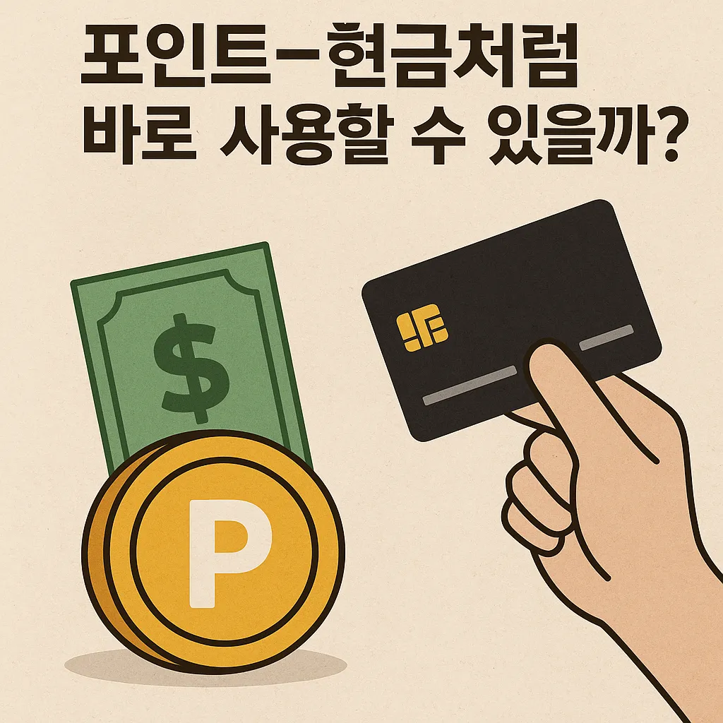 포인트와 지폐, 카드 그림이 함께 있는 일러스트와 '포인트-현금처럼-바로-사용할-수-있을까?'라는 문구가 적힌 이미지