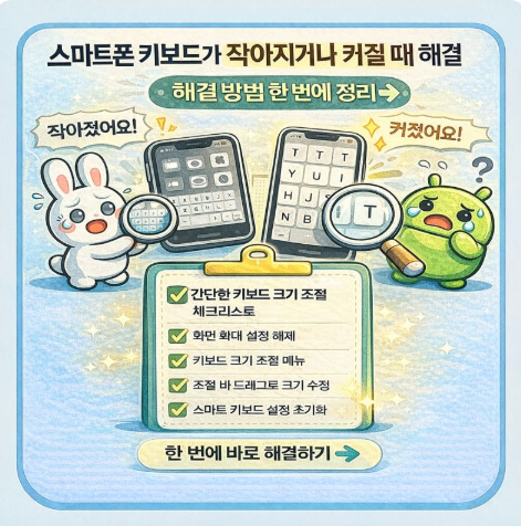 스마트폰 키보드가 갑자기 작아지거나 커질 때 원인과 크기 조절 해결 방법을 설명한 안내 이미지