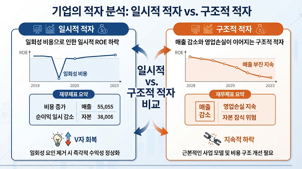 일시적 적자와 구조적 적자를 비교하는 기업 수익성 분석표