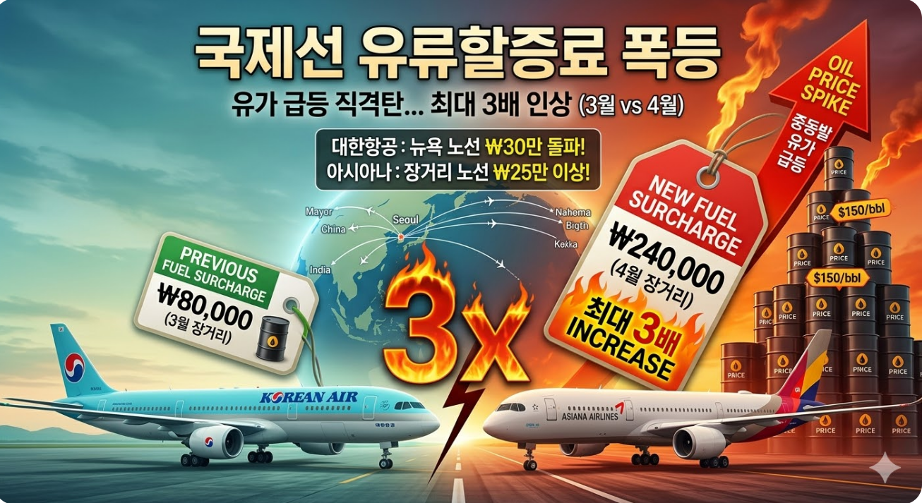 유류할증료란, 유가 급등 2026년 4월 대한항공·아시아나 유류할증료 최대 3배 폭등, 절감 팁