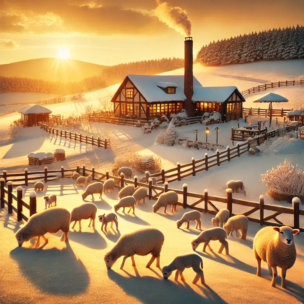 대관령 목장의 설원에서 평화롭게 있는 양떼와 겨울 풍경