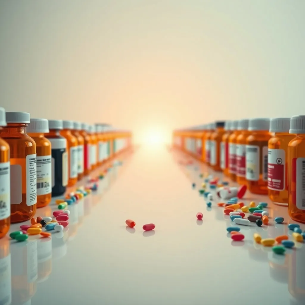 요가 자세를 취하고 있는 사람의 실루엣. 주변에는 약물, 주사기 등 의료적인 요소와 함께 책, 자연 풍경, 운동 기구 등 건강한 삶의 요소들이 조화롭게 배치되어 있습니다. 밝고 차분한 분위기입니다.