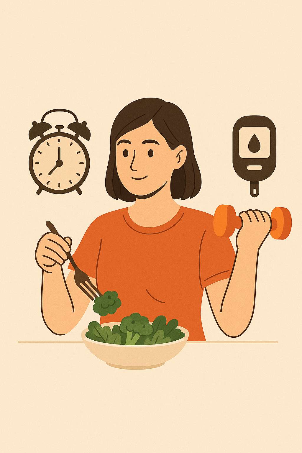 혈당 관리를 위해 건강한 식습관과 운동, 생활 습관을 실천하는 젊은 여성의 일상 모습