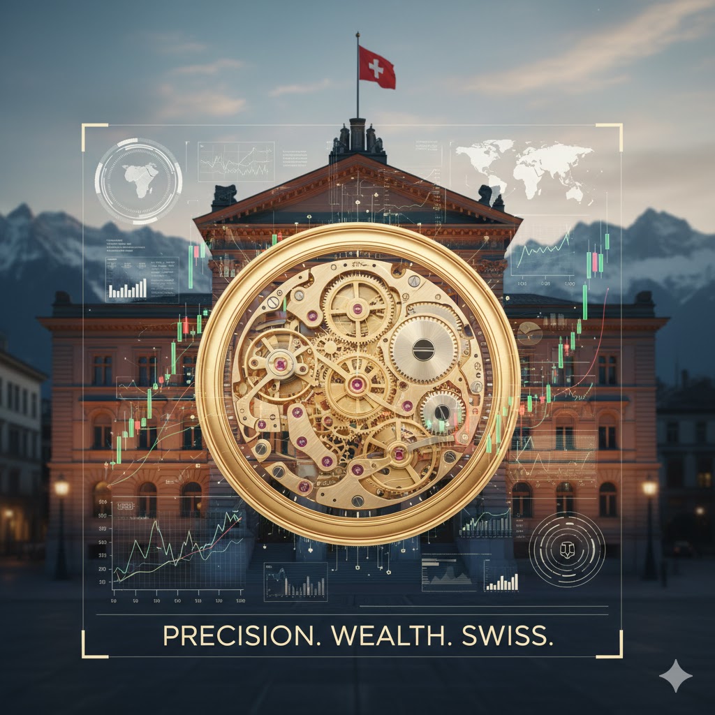 A high-end 3D rendering of the Swiss National Bank building integrated with holographic financial data charts and a golden Swiss watch mechanism, symbolizing precision in global wealth management.
