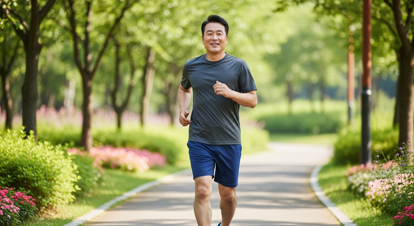 공원에서 운동하며 건강을 관리하는 중년 남성