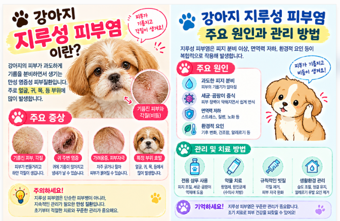 강아지 지루성 피부염 원인과 치료법｜비듬&middot;각질&middot;냄새&middot;기름진 피부 관리