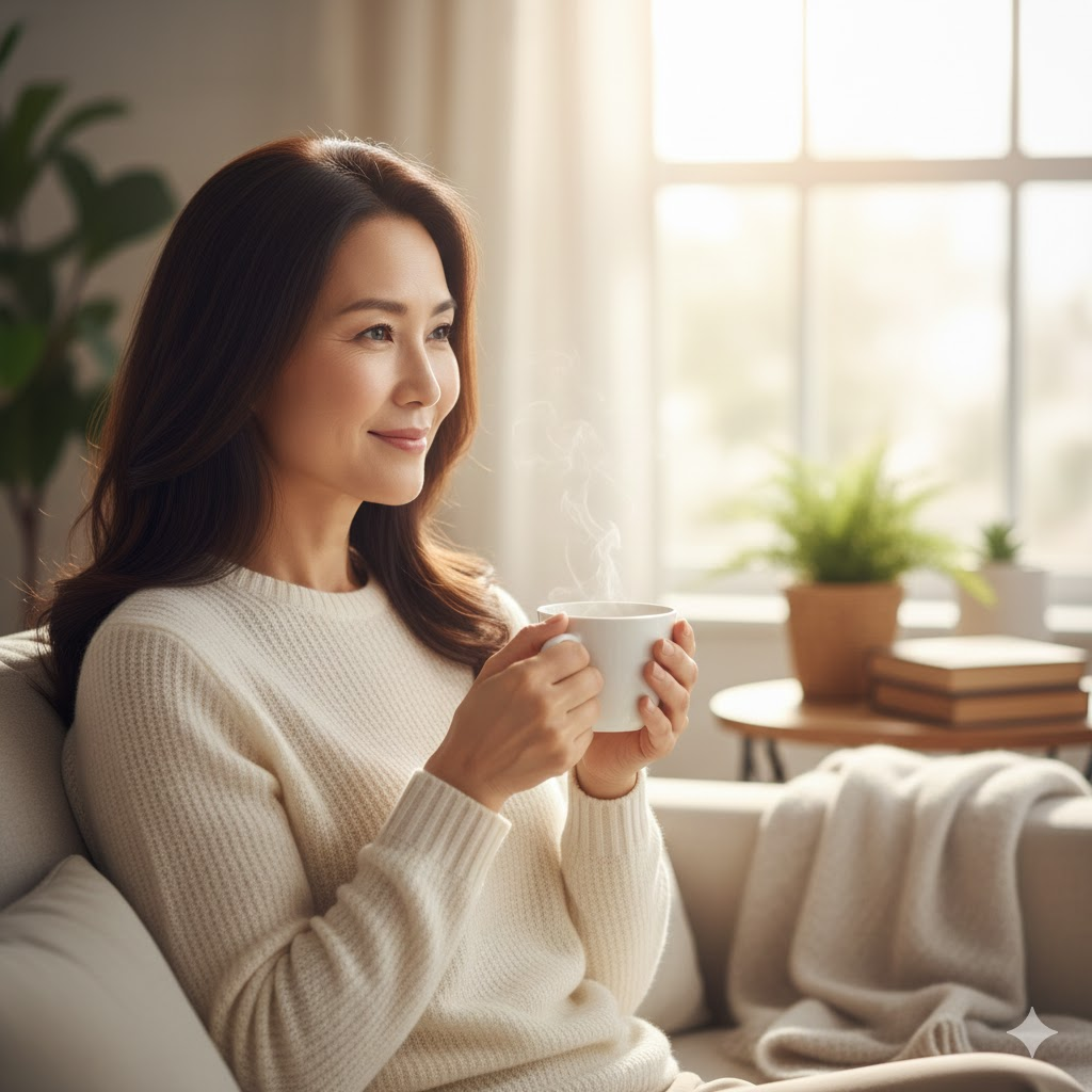 따뜻한 차 한 잔을 마시는 편안한 모습